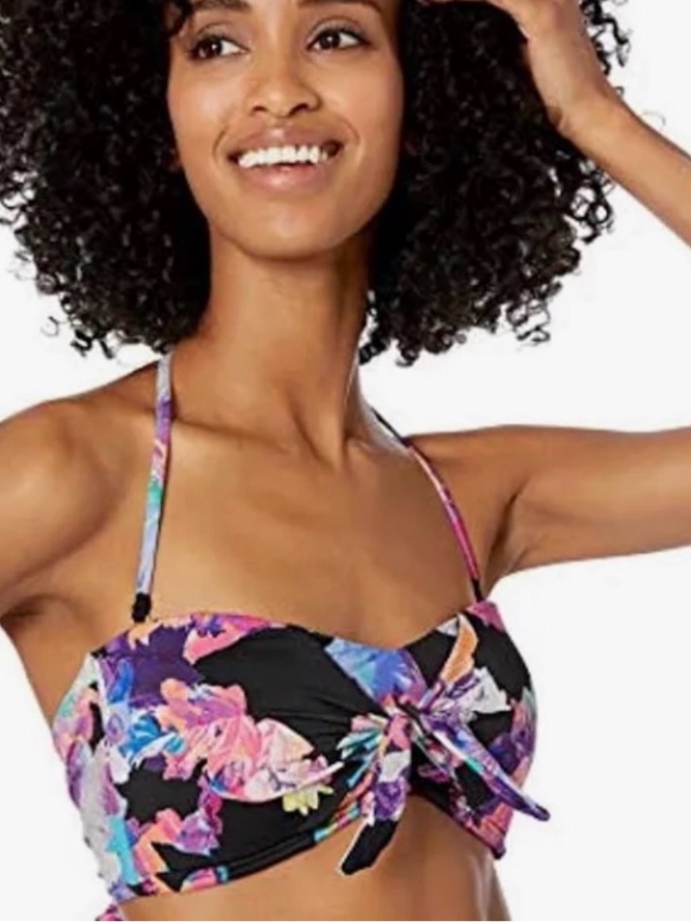 Bar III Black Floral Bandeau Bikini Top with Pink Purple Blue Accents